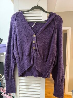 Free People Deep Purple Textured V-Neck Hooded Sweater